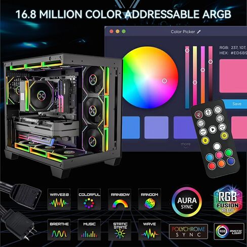 FB120 3 Pack 120mm ARGB PC Case Fans - توصيل لاسلكي / تصميم سلسلة ديزي، 16.8 مليون لون تصميم مرآة لا نهائي مع جهاز تحكم عن بعد، تحكم في سرعة PWM، تدفق هواء عالي، تبريد هادئ لبناء أجهزة الكمبيوتر الشخصية للألعاب in Kuwait