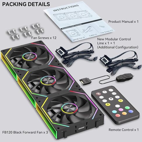 FB120 3 Pack 120mm ARGB PC Case Fans - توصيل لاسلكي / تصميم سلسلة ديزي، 16.8 مليون لون تصميم مرآة لا نهائي مع جهاز تحكم عن بعد، تحكم في سرعة PWM، تدفق هواء عالي، تبريد هادئ لبناء أجهزة الكمبيوتر الشخصية للألعاب in Kuwait