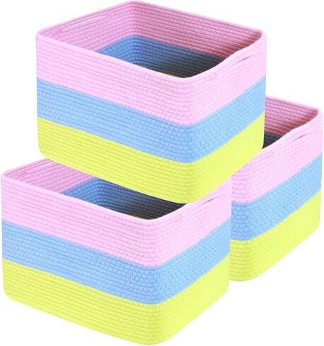 Hopegiver Rainbow Cotton Rope Storage Baskets Set of 3 for Kids Baby, Colorful Storage Bins for Toys, Woven Organizer Baskets Room Decor for Nursery & Playroom(Pink&Blue&Yellow, 15x11x10 IN) in Saudi Arabia