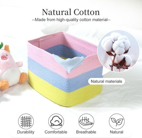 Hopegiver Rainbow Cotton Rope Storage Baskets Set of 3 for Kids Baby, Colorful Storage Bins for Toys, Woven Organizer Baskets Room Decor for Nursery & Playroom(Pink&Blue&Yellow, 15x11x10 IN) in Saudi Arabia
