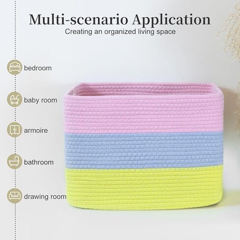 Hopegiver Rainbow Cotton Rope Storage Baskets Set of 3 for Kids Baby, Colorful Storage Bins for Toys, Woven Organizer Baskets Room Decor for Nursery & Playroom(Pink&Blue&Yellow, 15x11x10 IN) in Saudi Arabia