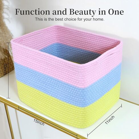Hopegiver Rainbow Cotton Rope Storage Baskets Set of 3 for Kids Baby, Colorful Storage Bins for Toys, Woven Organizer Baskets Room Decor for Nursery & Playroom(Pink&Blue&Yellow, 15x11x10 IN) in Saudi Arabia