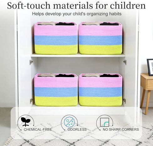 Hopegiver Rainbow Cotton Rope Storage Baskets Set of 3 for Kids Baby, Colorful Storage Bins for Toys, Woven Organizer Baskets Room Decor for Nursery & Playroom(Pink&Blue&Yellow, 15x11x10 IN) in Saudi Arabia