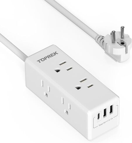 محول قابس السفر الأوروبي مع USB C، شريط طاقة TOPREK من الولايات المتحدة إلى أوروبا مع 6 منافذ و3 منافذ USB، محول منفذ من الولايات المتحدة إلى أوروبا مع سلك تمديد 3FT للاتحاد الأوروبي وإسبانيا وفرنسا وألمانيا وأيسلندا واليونان in Kuwait