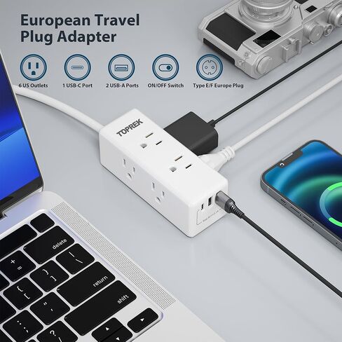 محول قابس السفر الأوروبي مع USB C، شريط طاقة TOPREK من الولايات المتحدة إلى أوروبا مع 6 منافذ و3 منافذ USB، محول منفذ من الولايات المتحدة إلى أوروبا مع سلك تمديد 3FT للاتحاد الأوروبي وإسبانيا وفرنسا وألمانيا وأيسلندا واليونان in Kuwait