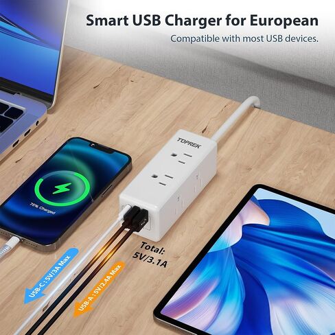 محول قابس السفر الأوروبي مع USB C، شريط طاقة TOPREK من الولايات المتحدة إلى أوروبا مع 6 منافذ و3 منافذ USB، محول منفذ من الولايات المتحدة إلى أوروبا مع سلك تمديد 3FT للاتحاد الأوروبي وإسبانيا وفرنسا وألمانيا وأيسلندا واليونان in Kuwait