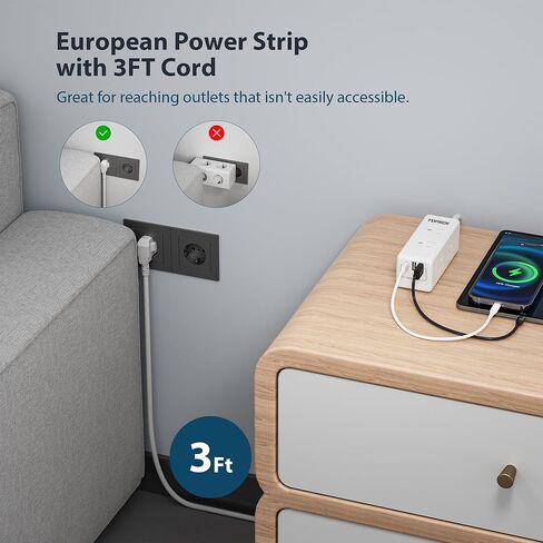 محول قابس السفر الأوروبي مع USB C، شريط طاقة TOPREK من الولايات المتحدة إلى أوروبا مع 6 منافذ و3 منافذ USB، محول منفذ من الولايات المتحدة إلى أوروبا مع سلك تمديد 3FT للاتحاد الأوروبي وإسبانيا وفرنسا وألمانيا وأيسلندا واليونان in Kuwait