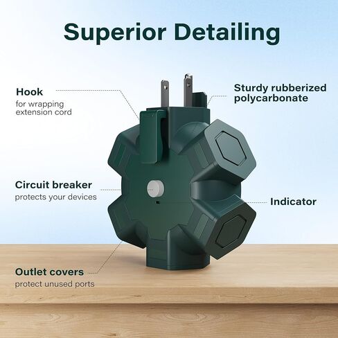 Elecan Outdoor 5-Outlet Power Splitter Plug Extender Hexagonal Hub Adapter with Safety Covers, 3 Prong Grounding Widely-Spaced with 15A Circuit Breaker&Indicator for Holiday Jobsite Garage-ETL-Green in Saudi Arabia