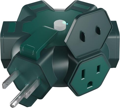 Elecan Outdoor 5-Outlet Power Splitter Plug Extender Hexagonal Hub Adapter with Safety Covers, 3 Prong Grounding Widely-Spaced with 15A Circuit Breaker&Indicator for Holiday Jobsite Garage-ETL-Green in Saudi Arabia