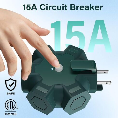 Elecan Outdoor 5-Outlet Power Splitter Plug Extender Hexagonal Hub Adapter with Safety Covers, 3 Prong Grounding Widely-Spaced with 15A Circuit Breaker&Indicator for Holiday Jobsite Garage-ETL-Green in Saudi Arabia
