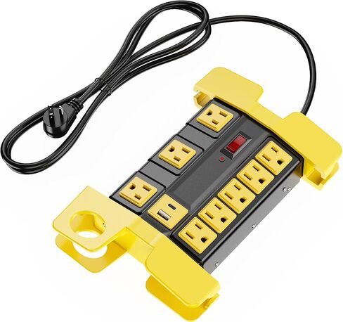 شريط طاقة عالي التحمل مع واقي من زيادة التيار، 8 منافذ ومنفذين USB (5 فولت/2.1 أمبير)، 1875 وات 2000 جول، غلاف معدني، سلك تمديد بطول 6 أقدام مع قابس مسطح لمتجر مرآب ورشة العمل (أصفر، 6 أقدام) in Kuwait