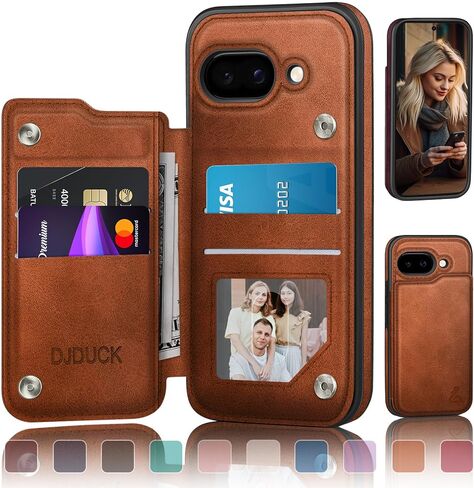 حافظة DJDUCK مصممة لمحفظة Google Pixel 9A مع حامل بطاقة، [حماية جلدية تمنع RFID] [غطاء مشبك مغناطيسي] حافظات رجالية ونسائية مقاومة للصدمات لهاتف Pixel 9A بني فاتح in Kuwait