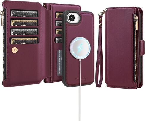 Antsturdy Compatible with Magsafe Magnetic 2 in 1 Detachable iPhone 16e Wallet Case with Credit Card Holder Slots,PU Leather Flip RFID Blocking Phone Cover Wrist Strap Zipper Women Men,Wine Red in Saudi Arabia