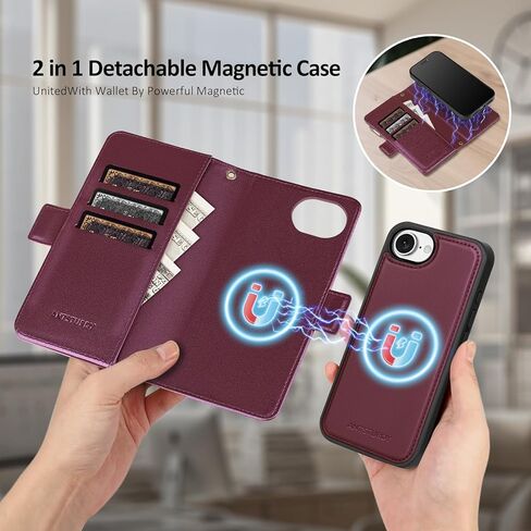 Antsturdy Compatible with Magsafe Magnetic 2 in 1 Detachable iPhone 16e Wallet Case with Credit Card Holder Slots,PU Leather Flip RFID Blocking Phone Cover Wrist Strap Zipper Women Men,Wine Red in Saudi Arabia