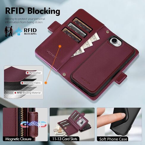 Antsturdy Compatible with Magsafe Magnetic 2 in 1 Detachable iPhone 16e Wallet Case with Credit Card Holder Slots,PU Leather Flip RFID Blocking Phone Cover Wrist Strap Zipper Women Men,Wine Red in Saudi Arabia