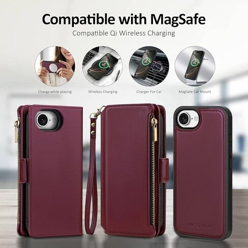 Antsturdy Compatible with Magsafe Magnetic 2 in 1 Detachable iPhone 16e Wallet Case with Credit Card Holder Slots,PU Leather Flip RFID Blocking Phone Cover Wrist Strap Zipper Women Men,Wine Red in Saudi Arabia
