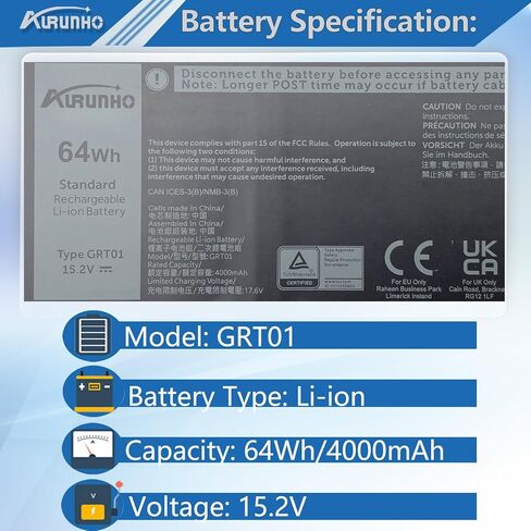 GRT01 64Wh استبدال بطارية الكمبيوتر المحمول لـ Dell Precision 3470 3561 3571 3581 3591 Latitude 5521 5531 5421 5431 Series R05P0 0P3TJ 00P3TJ P50E P50E001 in Saudi Arabia