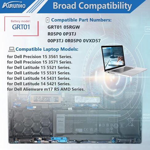 GRT01 64Wh استبدال بطارية الكمبيوتر المحمول لـ Dell Precision 3470 3561 3571 3581 3591 Latitude 5521 5531 5421 5431 Series R05P0 0P3TJ 00P3TJ P50E P50E001 in Saudi Arabia