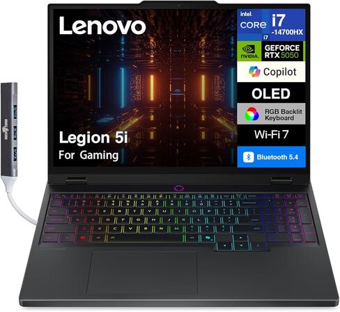 كمبيوتر محمول للألعاب Lenovo Legion 5i يعمل بالذكاء الاصطناعي مقاس 15.1 بوصة 165 هرتز OLED 2.5K 500 nits (Intel i7-14700HX، GeForce RTX 5050 8GB، 16GB DDR5، 1TB M.2 PCIe SSD، 24-Zone RGB KB، Win 11 Pro) مع موسع منفذ USB DKZ in Kuwait