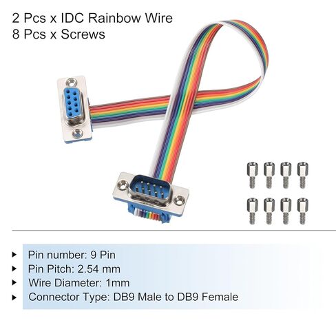 Generic 2 Pcs IDC Rainbow Wire Flat Ribbon Cable DB9 Male to DB9 Female 8 Inch Length 2.54mm Pitch Breadboard Jumper Wires for Electronic Projects in Kuwait