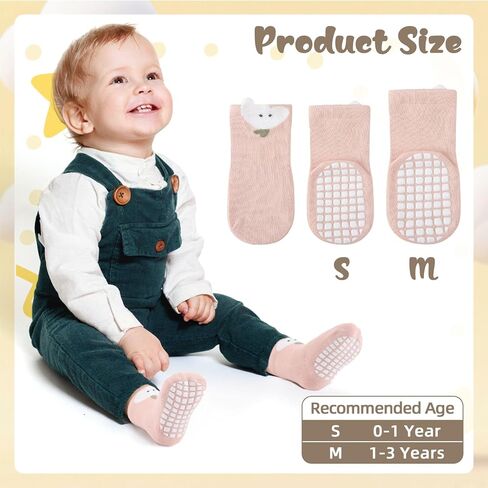 Jspupifip Toddler Non-Slip Socks with Grips for 0-1 Years 5 Pairs Cotton Cute Baby Cartoon Floor Crew Socks Indoor Soft Cotton Frilly Ankle Sock in Saudi Arabia