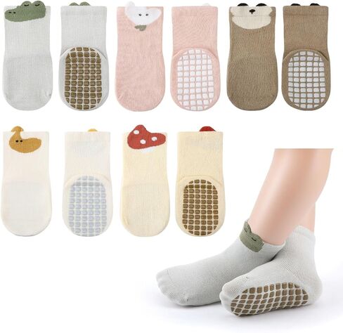 Jspupifip Toddler Non-Slip Socks with Grips for 0-1 Years 5 Pairs Cotton Cute Baby Cartoon Floor Crew Socks Indoor Soft Cotton Frilly Ankle Sock in Saudi Arabia