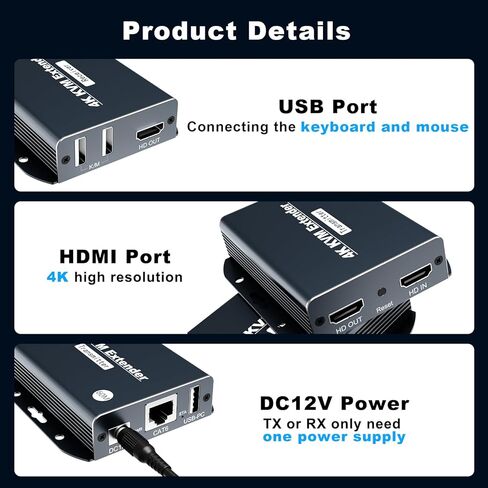 4K HDMI KVM Over Ethernet Extender Balun Over CAT5e/6/7 Cable 4K@60Hz Upto 200 Feet, Supports Keyboard and Mouse USB HDMI Loop Out HDCP2.2, Power Over Cable Zero-Lantency in Kuwait