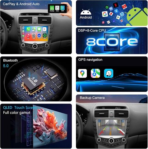 راديو QLED لسيارة Honda Accord الجيل السابع 2003 2004 2005 2006 2007 ترقية، استبدال ستيريو بشاشة تعمل باللمس، تشغيل لاسلكي Android auto، شبكة 4G LTE، دعم SWC، كاميرا احتياطية مجانية in Kuwait
