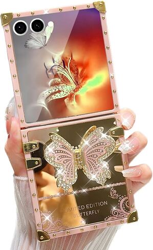 حافظة AuroiCYY لهاتف Samsung Galaxy Z Flip 7، غطاء واقٍ ناعم وأنيق ولطيف وقابل للطي على شكل فراشة ومرآة خلفية مطلية بالذهب ومضادة للصدمات لهاتف Galaxy Z Flip 7، وردي in Kuwait