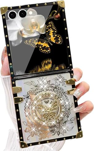 حافظة AuroiCYY لهاتف Samsung Galaxy Z Flip 7، غطاء واقٍ ناعم وأنيق ولطيف وقابل للطي على شكل فراشة ومرآة خلفية مطلية بالذهب ومضادة للصدمات لهاتف Galaxy Z Flip 7، وردي in Kuwait