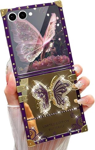 حافظة AuroiCYY لهاتف Samsung Galaxy Z Flip 7، غطاء واقٍ ناعم وأنيق ولطيف وقابل للطي على شكل فراشة ومرآة خلفية مطلية بالذهب ومضادة للصدمات لهاتف Galaxy Z Flip 7، وردي in Kuwait