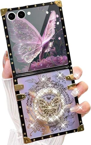 حافظة AuroiCYY لهاتف Samsung Galaxy Z Flip 7، غطاء واقٍ ناعم وأنيق ولطيف وقابل للطي على شكل فراشة ومرآة خلفية مطلية بالذهب ومضادة للصدمات لهاتف Galaxy Z Flip 7، وردي in Kuwait