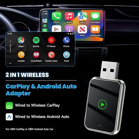 محول تلقائي Android لاسلكي، محول CarPlay لاسلكي لأجهزة Apple iPhone، تحويل سلكي إلى محول لاسلكي لتشغيل السيارة، اتصال تلقائي سريع، إعداد سهل للتوصيل والتشغيل، حجم صغير مع USB-A ممتد ونوع C in Kuwait