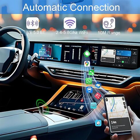 محول تلقائي Android لاسلكي، محول CarPlay لاسلكي لأجهزة Apple iPhone، تحويل سلكي إلى محول لاسلكي لتشغيل السيارة، اتصال تلقائي سريع، إعداد سهل للتوصيل والتشغيل، حجم صغير مع USB-A ممتد ونوع C in Kuwait