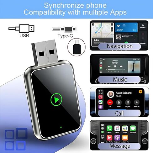 محول تلقائي Android لاسلكي، محول CarPlay لاسلكي لأجهزة Apple iPhone، تحويل سلكي إلى محول لاسلكي لتشغيل السيارة، اتصال تلقائي سريع، إعداد سهل للتوصيل والتشغيل، حجم صغير مع USB-A ممتد ونوع C in Kuwait