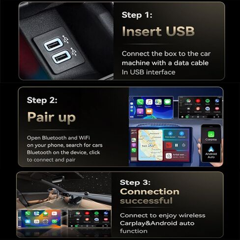محول تلقائي Android لاسلكي، محول CarPlay لاسلكي لأجهزة Apple iPhone، تحويل سلكي إلى محول لاسلكي لتشغيل السيارة، اتصال تلقائي سريع، إعداد سهل للتوصيل والتشغيل، حجم صغير مع USB-A ممتد ونوع C in Kuwait