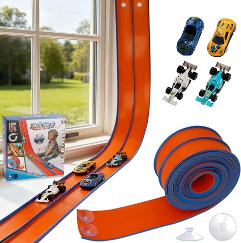 Flex Race Car Track 15 Ft Starter Set for Kids Age 3+, Rolls Up Portable Track Playsets Compatible with Diecast 1/64th Cars, Long Kid Cars Ramp with Suction Cups for Indoor & Outdoor in Saudi Arabia