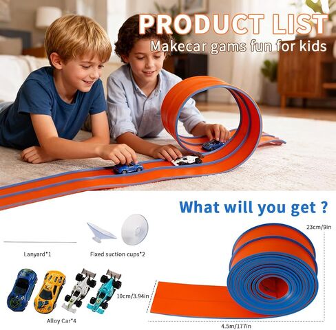 Flex Race Car Track 15 Ft Starter Set for Kids Age 3+, Rolls Up Portable Track Playsets Compatible with Diecast 1/64th Cars, Long Kid Cars Ramp with Suction Cups for Indoor & Outdoor in Saudi Arabia