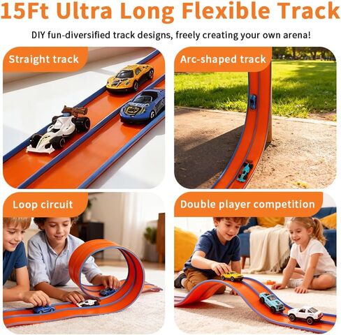 Flex Race Car Track 15 Ft Starter Set for Kids Age 3+, Rolls Up Portable Track Playsets Compatible with Diecast 1/64th Cars, Long Kid Cars Ramp with Suction Cups for Indoor & Outdoor in Saudi Arabia