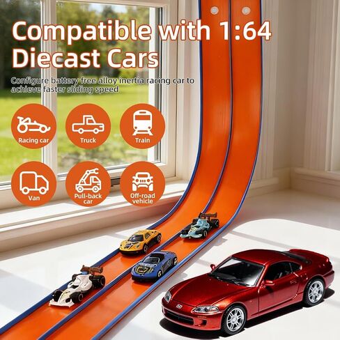 Flex Race Car Track 15 Ft Starter Set for Kids Age 3+, Rolls Up Portable Track Playsets Compatible with Diecast 1/64th Cars, Long Kid Cars Ramp with Suction Cups for Indoor & Outdoor in Saudi Arabia