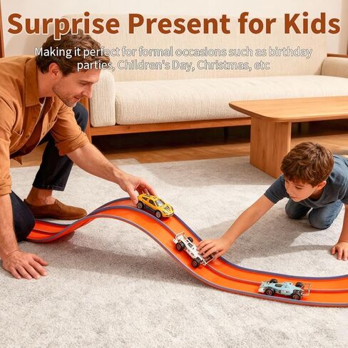 Flex Race Car Track 15 Ft Starter Set for Kids Age 3+, Rolls Up Portable Track Playsets Compatible with Diecast 1/64th Cars, Long Kid Cars Ramp with Suction Cups for Indoor & Outdoor in Saudi Arabia