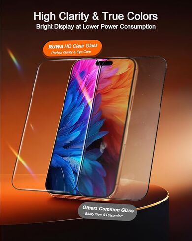واقي شاشة ruwa لهاتف iPhone 15 Pro مقاس 6.1 بوصة [عبوة من قطعتين]، صندوق خالٍ من الفقاعات والغبار من الزجاج المقسى عالي الدقة، صلابة 9H، مضاد للخدش، صديق للحافظة، إزالة الغبار تلقائيًا، سهل التركيب in Kuwait