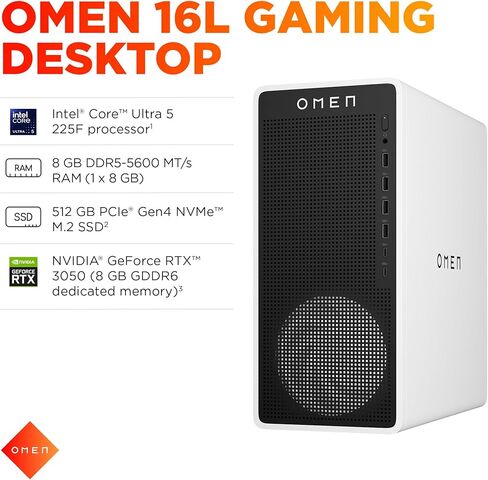كمبيوتر مكتبي HP OMEN 16L للألعاب، Intel Core Ultra 5 225F، ذاكرة الوصول العشوائي 8 جيجابايت، 512 جيجابايت SSD، NVIDIA GeForce RTX 3050، Windows 11 Home، Microsoft Copilot، Panda Metal، TG03-0110 (2025) in Kuwait