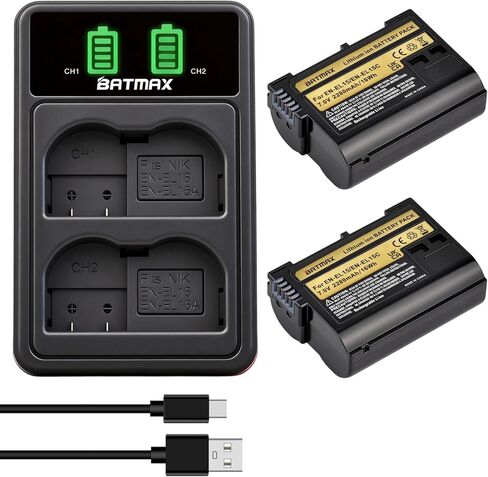 بطارية Batmax 2X 2280 مللي أمبير EN-EL15C EN-EL15 + شاحن USB مدمج LED مع منفذ من النوع C لنيكون EN-EL15A EL15b Z5، Z6، Z6 II، Z7، Z7II، D780، D850، D7500، D500، D600، D610، كاميرات D750، D800 in Kuwait