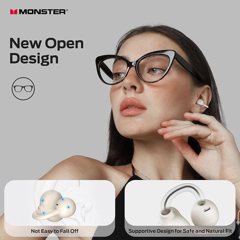 سماعات أذن Monster Open Ear AC339، سماعات بلوتوث 6.0 صوت ستيريو، سماعات أذن لاسلكية مفتوحة لمدة 40 ساعة، مع تصميم شاشة رقمية ذكية، تحكم باللمس، مقاومة للماء IPX6، بيج in Saudi Arabia