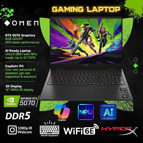 HP OMEN 16 Slim Gaming Laptop, 16" 144Hz 2K Display, Intel Core Ultra 9 285H(>i9 14900), NVIDIA GeForce RTX 5070, AI VR Ready, RGB Backlit Keyboard, Black, Windows 11 Pro(32GB DDR5 RAM | 1TB SSD) in Saudi Arabia
