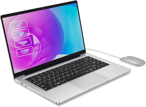 كمبيوتر محمول، كمبيوتر محمول 14 بوصة ثنائي النواة Cerelon N4000 6GB RAM 128GB SSD كمبيوتر محمول محمول، شاشة 1366x768 IPS تصميم بدون مروحة كمبيوتر محمول، واي فاي 2.4/5G، BT 5.0، USB 3.0، Mini HDMI، يتضمن محور USB-C in Kuwait