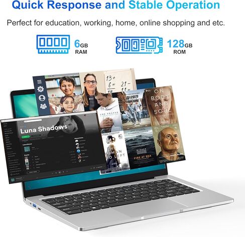 كمبيوتر محمول، كمبيوتر محمول 14 بوصة ثنائي النواة Cerelon N4000 6GB RAM 128GB SSD كمبيوتر محمول محمول، شاشة 1366x768 IPS تصميم بدون مروحة كمبيوتر محمول، واي فاي 2.4/5G، BT 5.0، USB 3.0، Mini HDMI، يتضمن محور USB-C in Kuwait