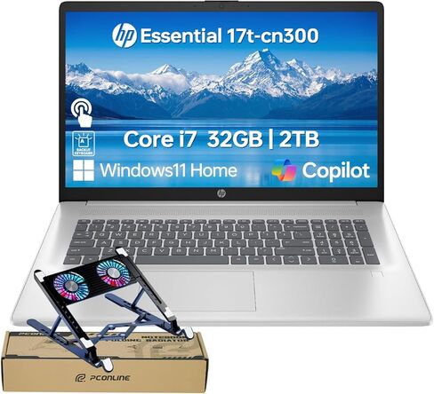 كمبيوتر محمول HP Essential 17 AI، شاشة لمس 17.3 بوصة، كور i7-1355U (10 نواة، حتى 5 جيجا هرتز ماكس توربو)، ذاكرة وصول عشوائي 16 جيجابايت، 1 تيرابايت SSD، إضاءة خلفية، قارئ FP، واي فاي 6، ويندوز 11 هوم، فضي، حزمة مع مبرد كمبيوتر محمول PCO in Kuwait