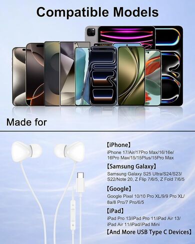 سماعات أذن سلكية لهاتف iPhone 17، سماعات أذن سلكية من Apple Air Max مع ميكروفون لهاتف iPhone 17 Pro Max 16 15، سماعات أذن USB C سلكية لـ Google Pixel 10 Pro XL، سماعات أذن سلكية USB-C in Kuwait